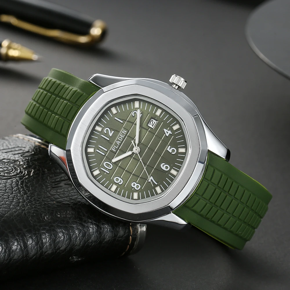 Classic Hand Grenade Dial Watch For Men Sports Silicone strap Quartz Watch Fashion Auto Date Green Wristwatch Man Free Shipping