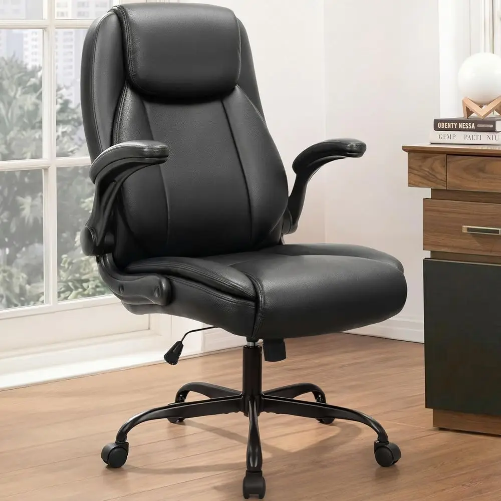 Ergonomic High-Back Gaming Chair with Adjustable Arms, Height, and Swivel Wheels - Black PU Leather