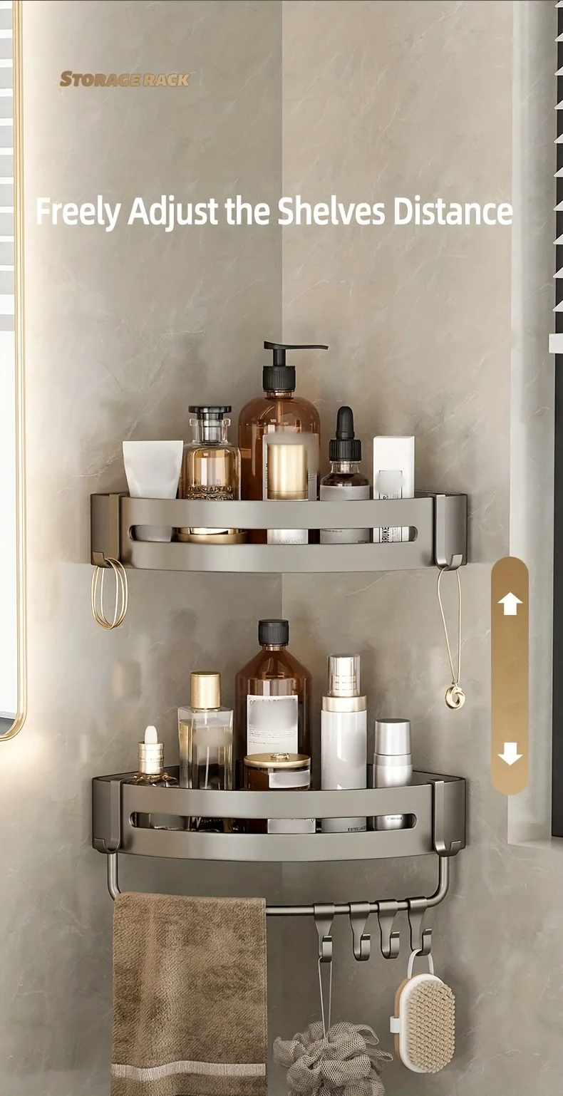 1 Stück nicht bohrendes Aluminium-Badezimmer-Aufbewahrungsregal – an der Wand montiertes Eckregal zur Aufbewahrung von Badezimmer-Shampoo-Duschgel-Kosmetik – Detail 1
