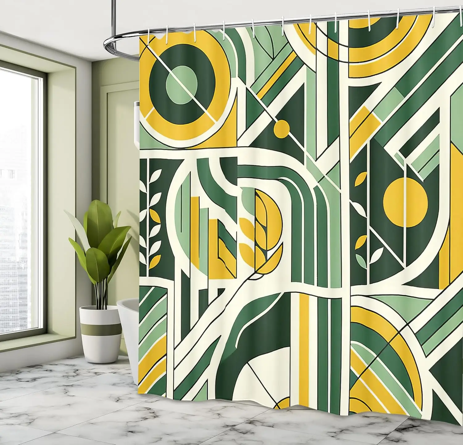 

Зеленая занавеска для душа, современные геометрические круглой формы в стиле бохо середины века и листья, тканевая ткань для ванной комнаты