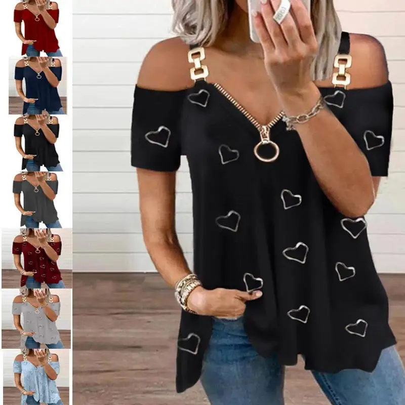 

Женская футболка с глубоким вырезом и принтом в форме сердца на молнии с открытыми плечами, свободный крой, повседневный топ из полиэстера и спандекса ort Sve