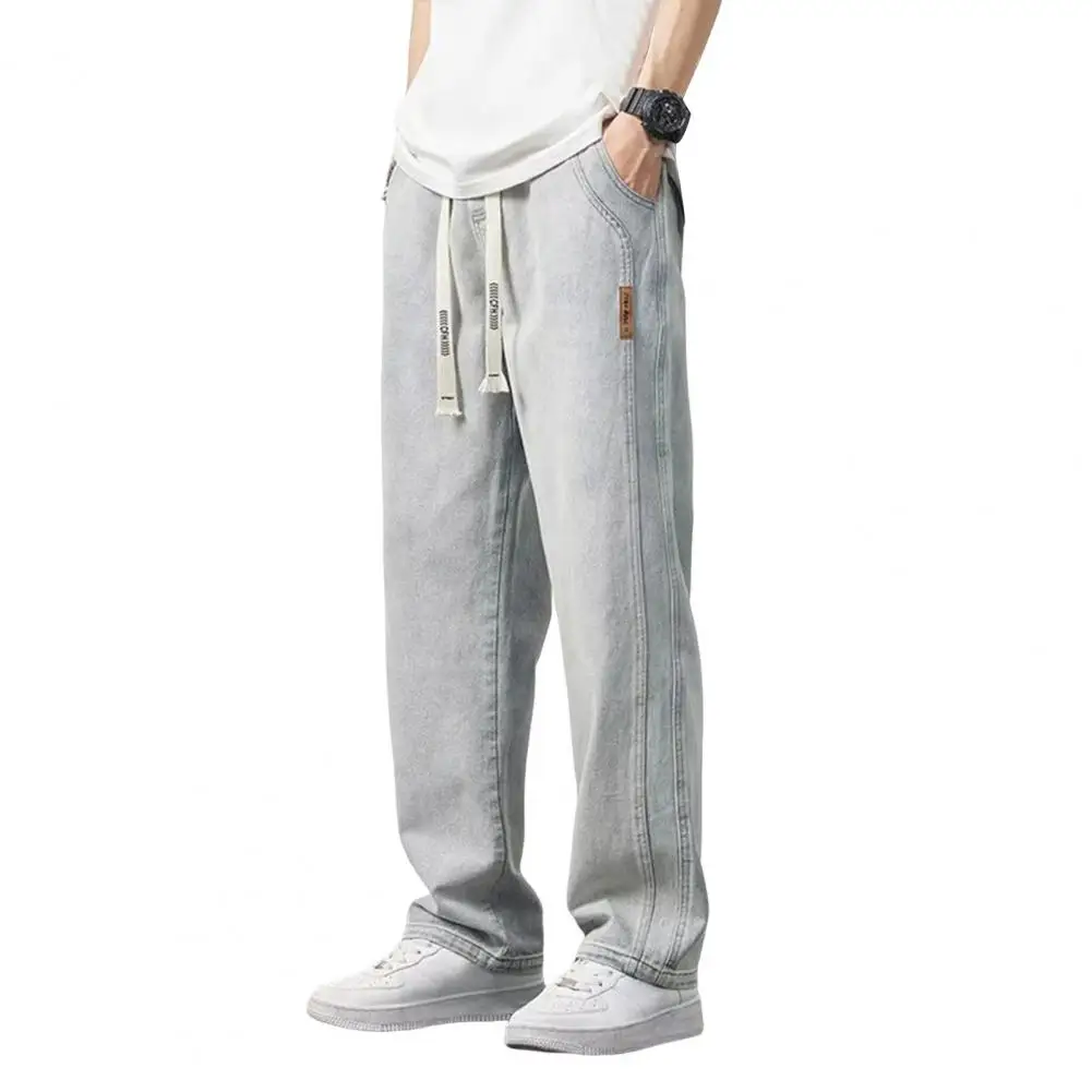 

Gradient Color Men Jeans Men's Summer Jeans Elastic Waist Adjustable Drawstring Straight Wide Leg Casual Pants with Pockets