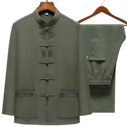 Men's Cotton Linen Wu Shu Clothing Traditional Chinese Retro Embroidery Hanfu Long Sleeve Shirt Long Pant Kung Fu Tai Chi Suit