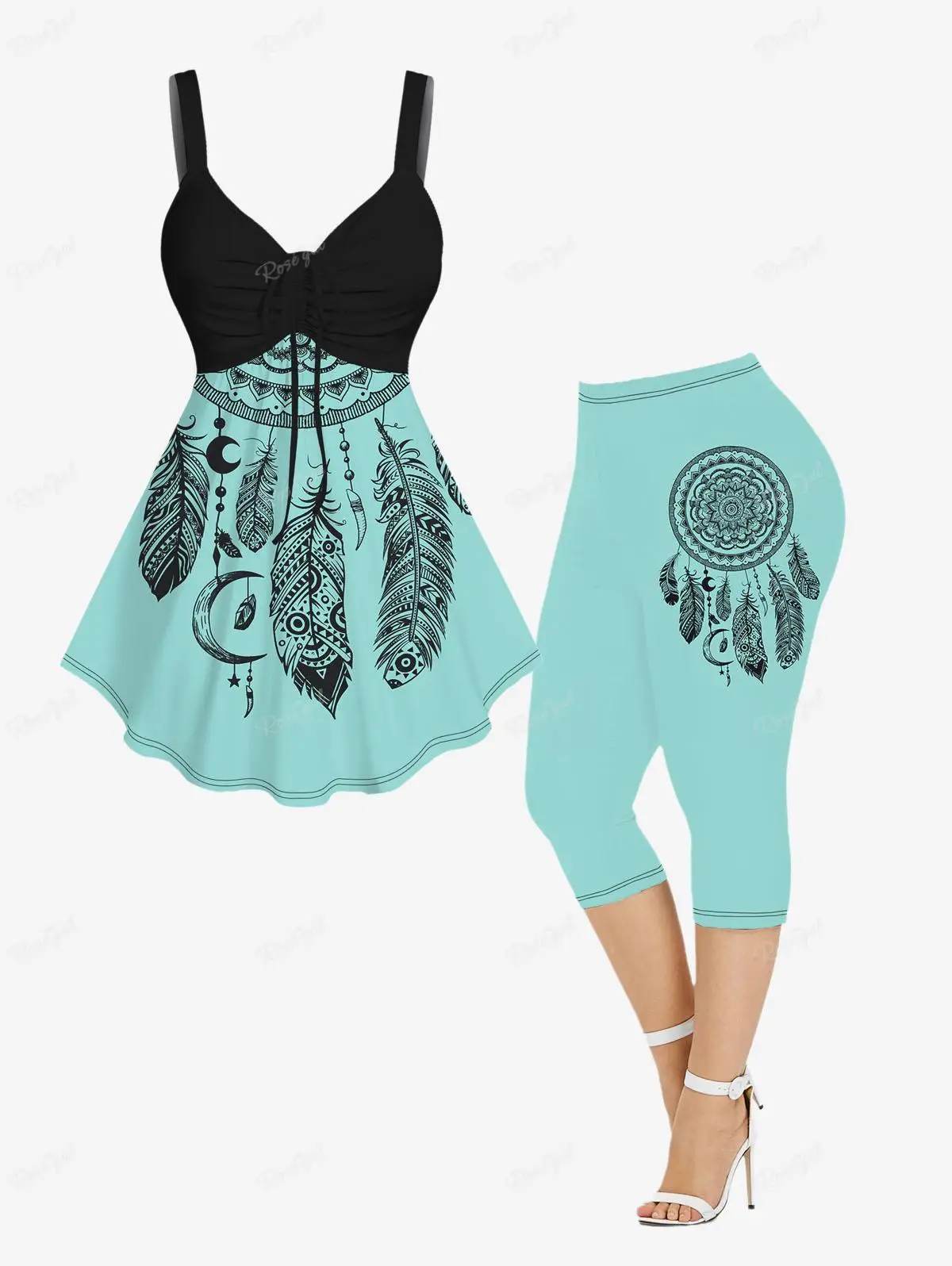 Women\'s Casual Matching Set Feather Moon Printed Cinched Tank Top And Capri Leggings Plus Size Bundle XS-6X Spring,Summer Outfit