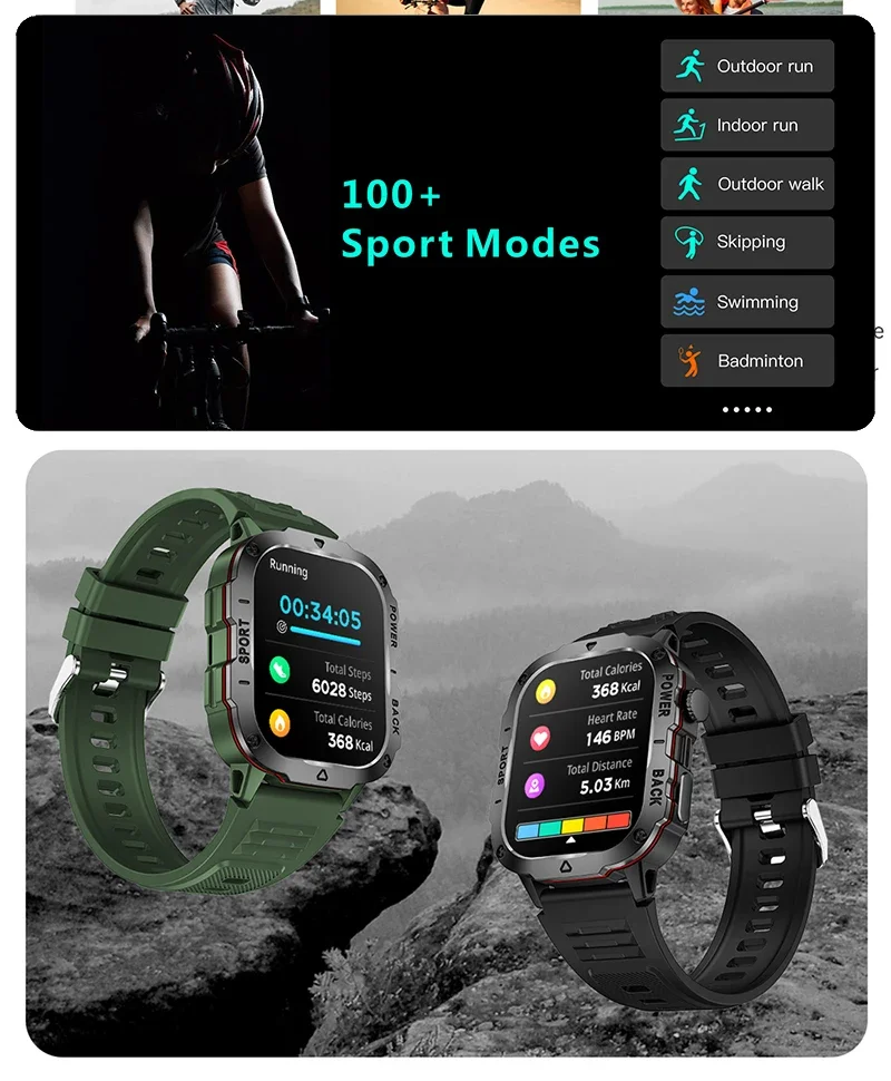 2024 New Smartwatch Men\'s Rugged Military Bluetooth Call Sport Heart Rate 3ATM Waterproof Outdoor Smart Watches For Android IOS