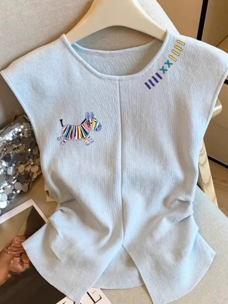Top Curto F Estilo Coreano com Bordado de Cavalo Arco-Íris de Verão, Regata Linda Sem Mangas, Gola Redonda e Caimento ...