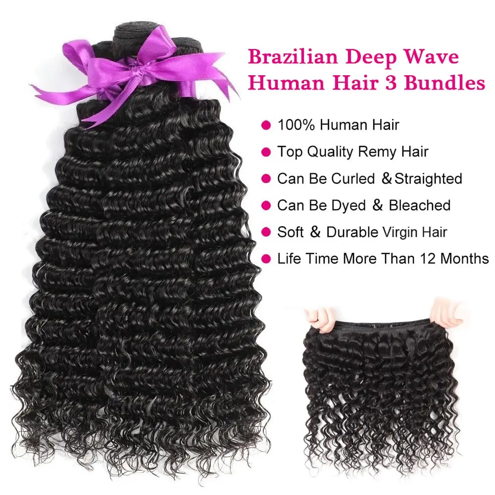 Brazilian Deep Wave Hair 3 Bundles 100% Human Hair Bundles Natural Black Remy Hair Extensions