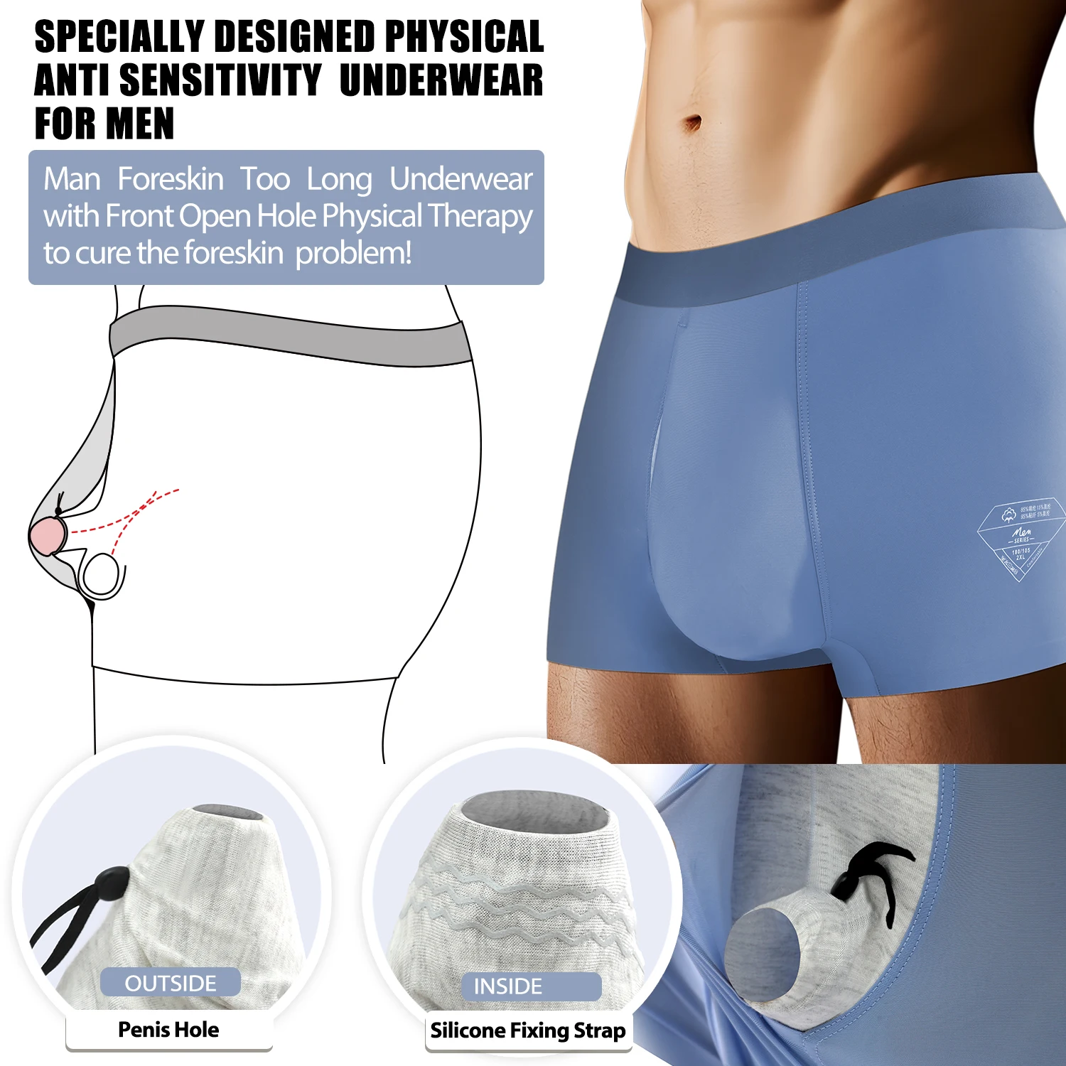 Men's Ice Silk Underwear for Foreskin Comfort Breathable Anti Chafing Boxers Moisture Wicking  Design for Sensitive Skin
