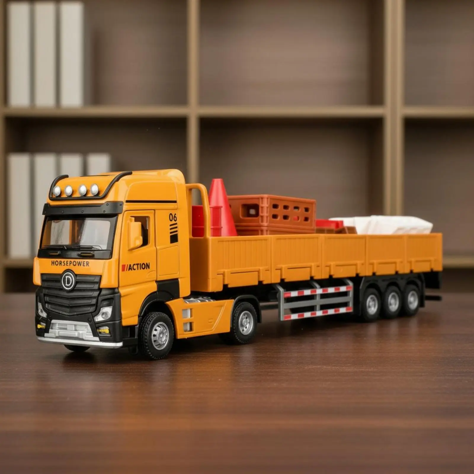 

1:32 Scale Flatbed Vehicle Lifelike Features Barrier Hauler Toy Sturdy Duty Hauler Toy Rolling Wheels Diecast Construction