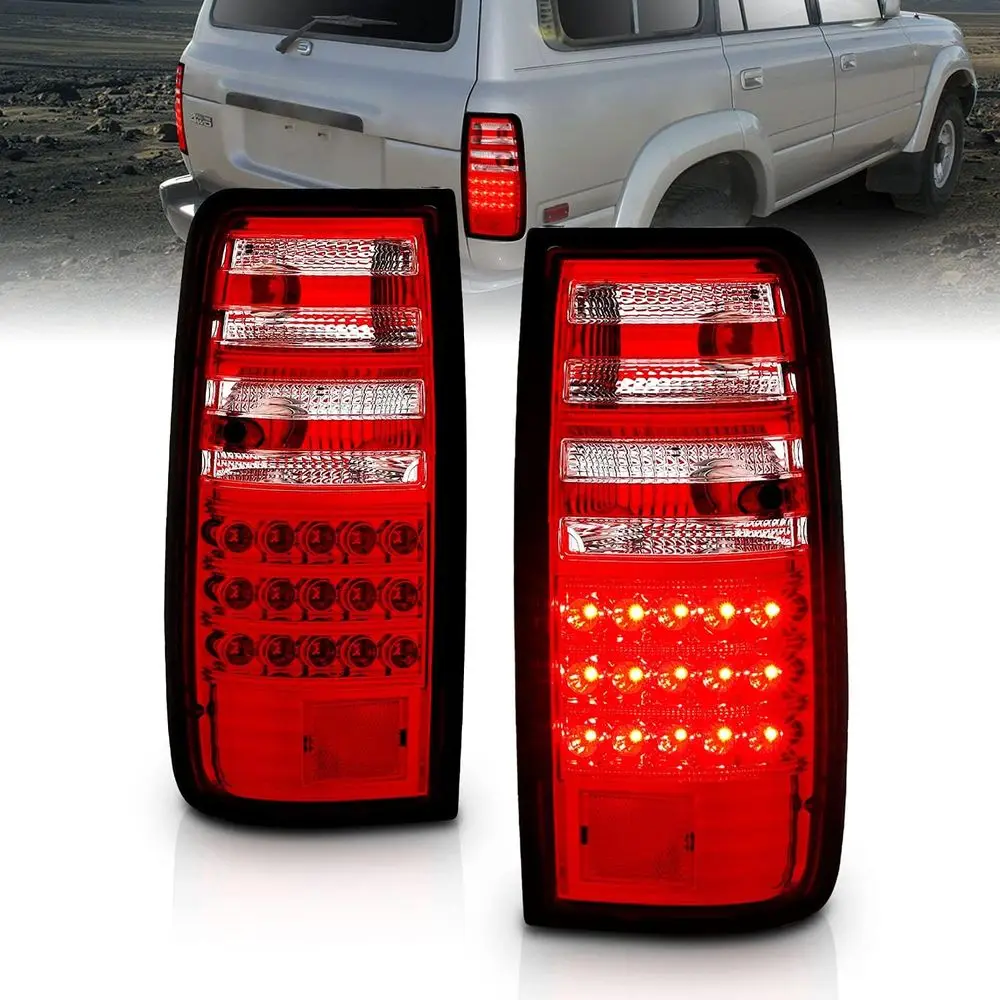 

for 1990-1997 Toyota Land Cruiser FJ80 wagon Red Clear LED Replacement Tail Lights Pair - Passenger and Driver Side