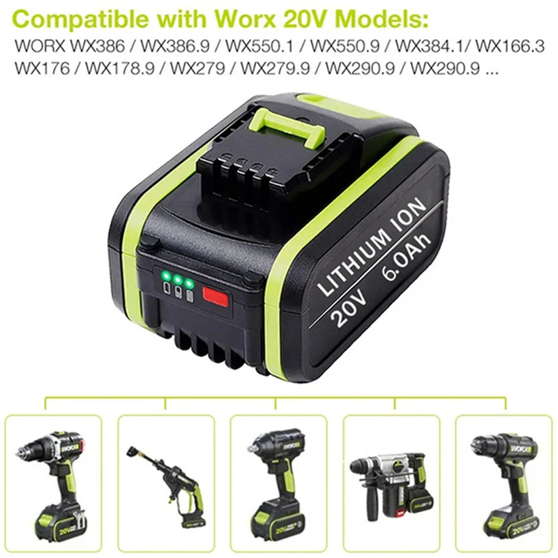 For Worx 20V 9.0Ah Rechargeable Li-ion Batteries WA3553, WA3551, WA3553.1 and WA3570 for all Worx power and garden tools