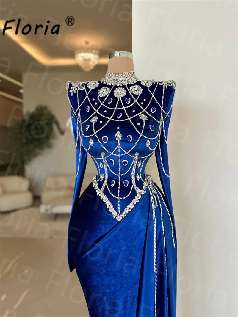 Vestido de noche Formal de terciopelo para mujer, traje con cuentas de piedras y borlas, color azul real de Eso Abi, para fiesta de boda y segunda recepción, bata de compromiso