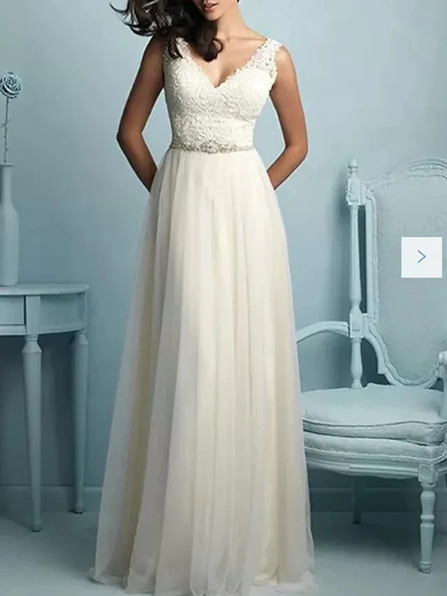 

Elegant A-Line Wedding Dresses V Neck Sweep Train Tulle Sleeveless Casual Plus Size Bridal Gowns with Sashes for Women