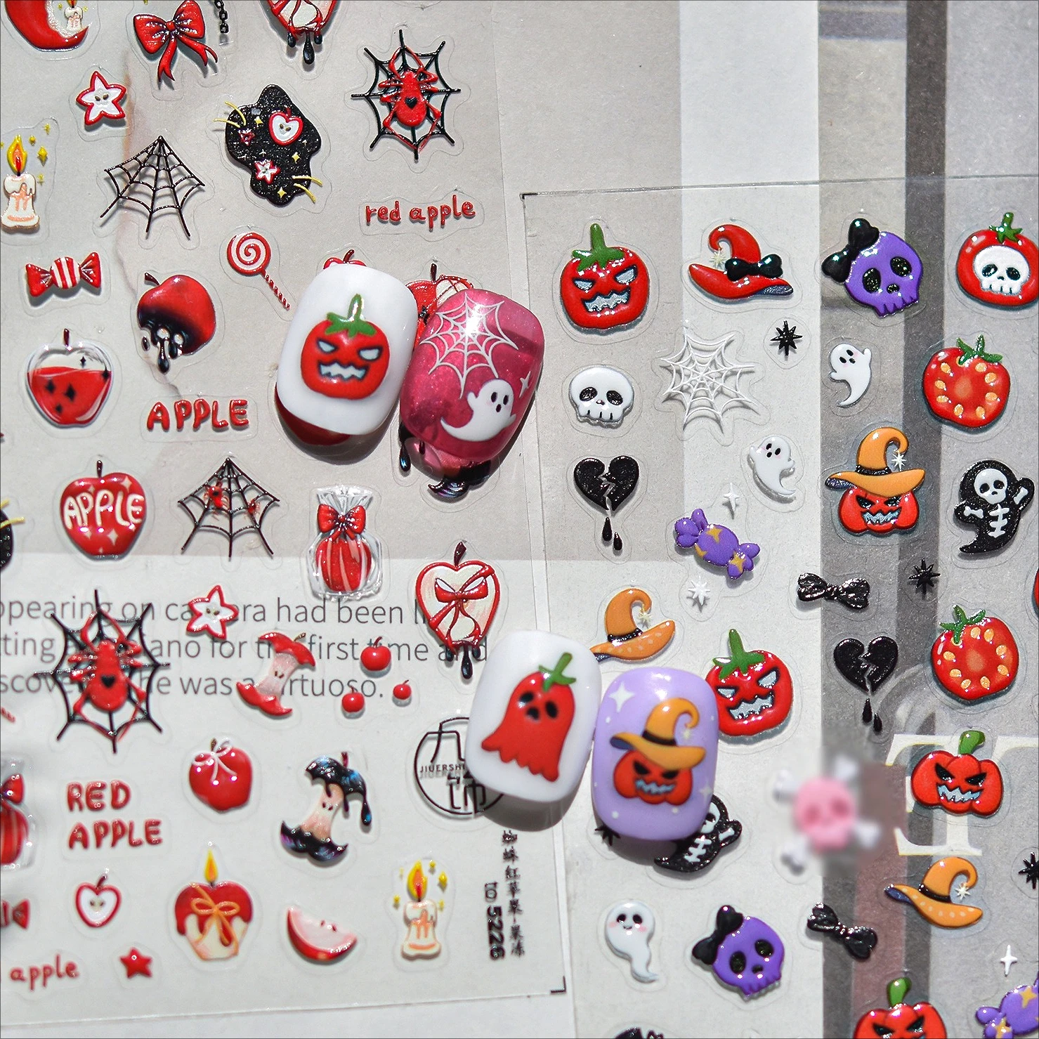 

Apple Pumpkin Spider Web Candle Candy Ghost Tomato Star Heart Bowknot Skeleton Terror Halloween Moon Bat Nail Art Stickers Decal
