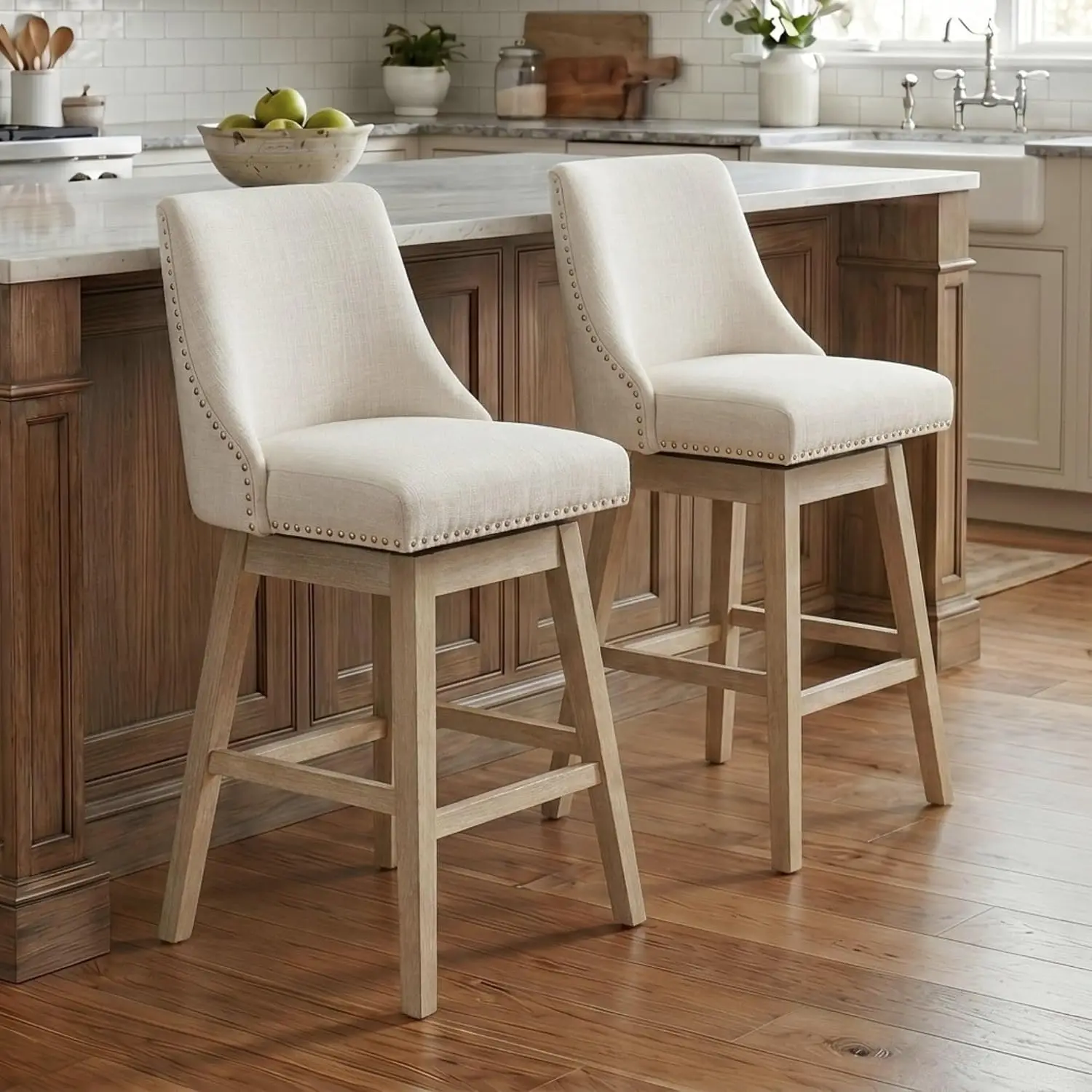 Mid-Century Swivel Bar Stool Set Of 2 27 Inch Counter Height Wood Legs Linen Fabric Kitchen Island Home Bar Cream, Customized