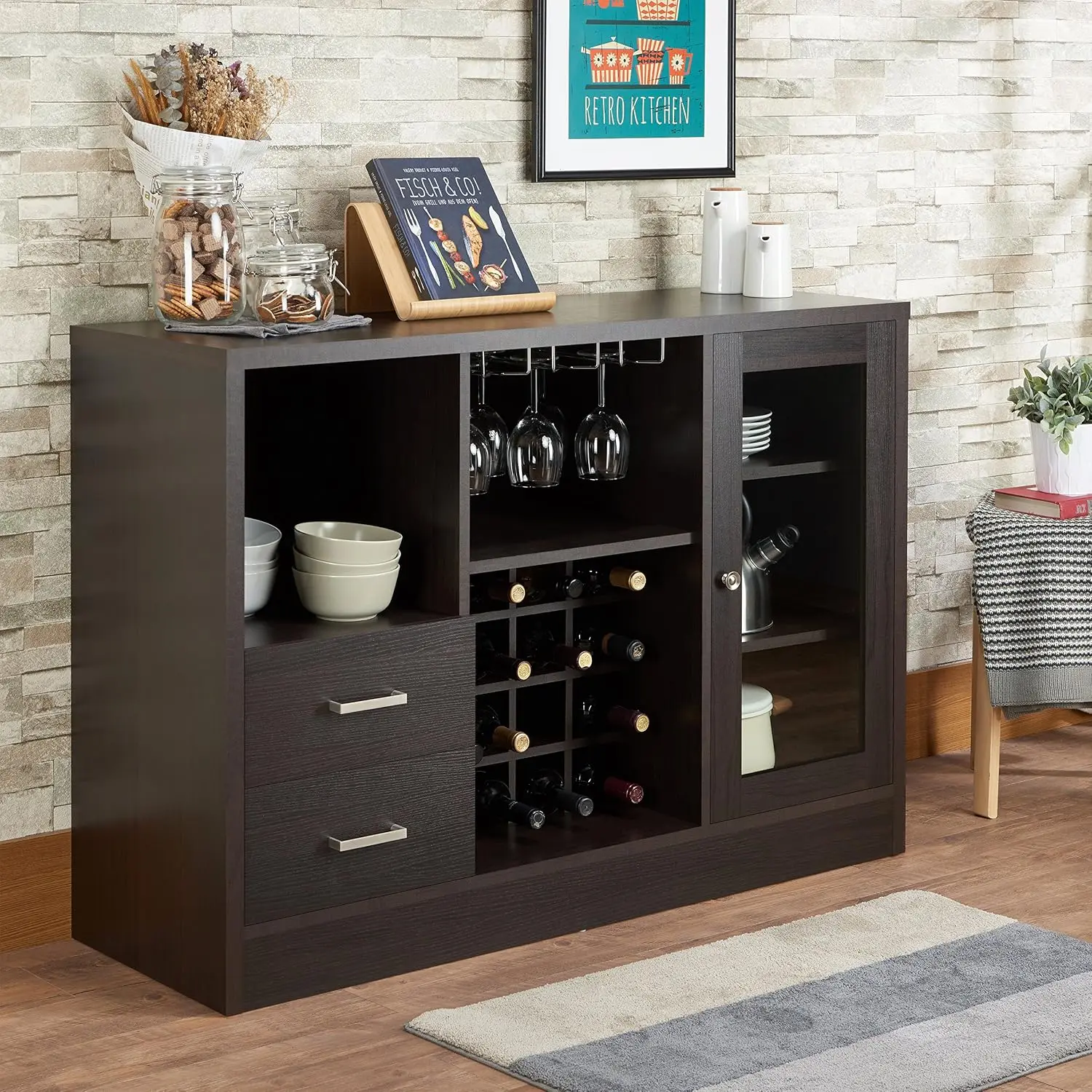 Espresso Wine Cabinet Glass Door Stemware Rack & Shelves, Two Drawers, Open Storage, Customized
