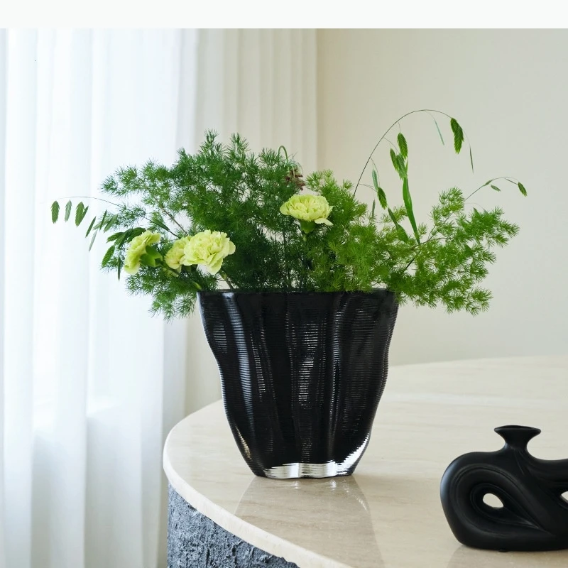 Black Glass Vase Horizontal Stripe Wavy Grain Flower Pot Flower Vase Glass Fruit Terrarium Home Decoration Accessories