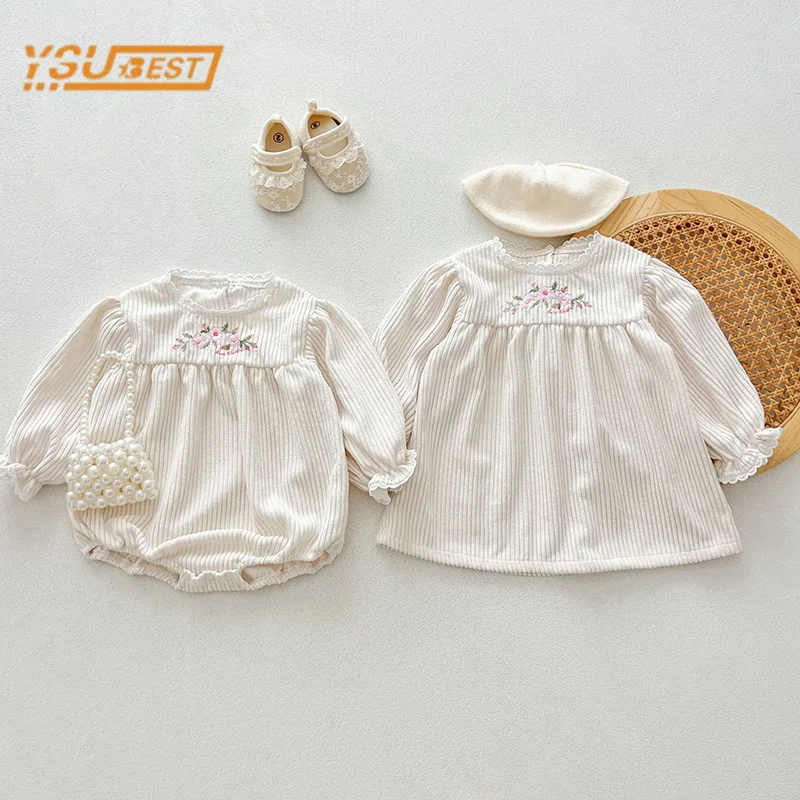 

Infant Baby Girls Long Sleeve Sisters Corduroy Embroidery Rompers Spring Autumn Kids Baby Girls Children Clothes Dress