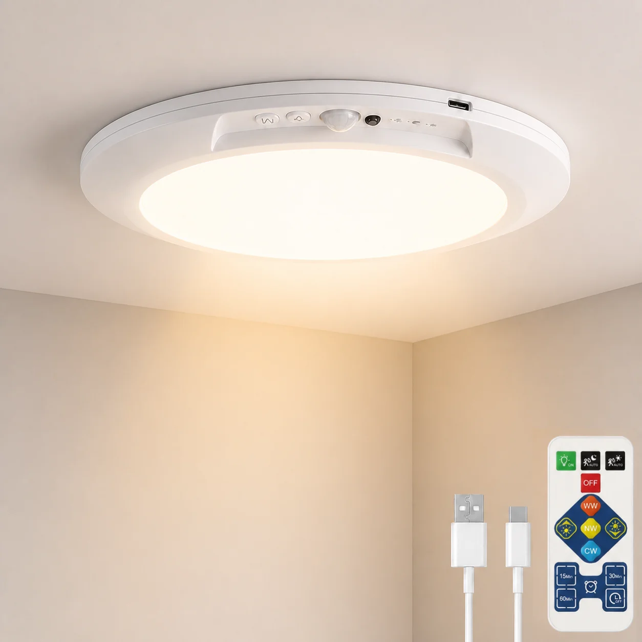 LED Ceiling Light Motion Sensor, Cordless Bathroom CeilingLamp Battery Operated, Stairs,Garage, 3 ColorTemperatures