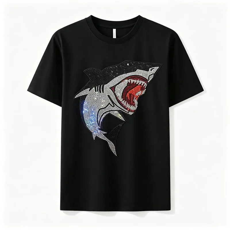 Women's short sleeved rhinestone shark glitter T-shirt, suitable for daily and party wear, unisex