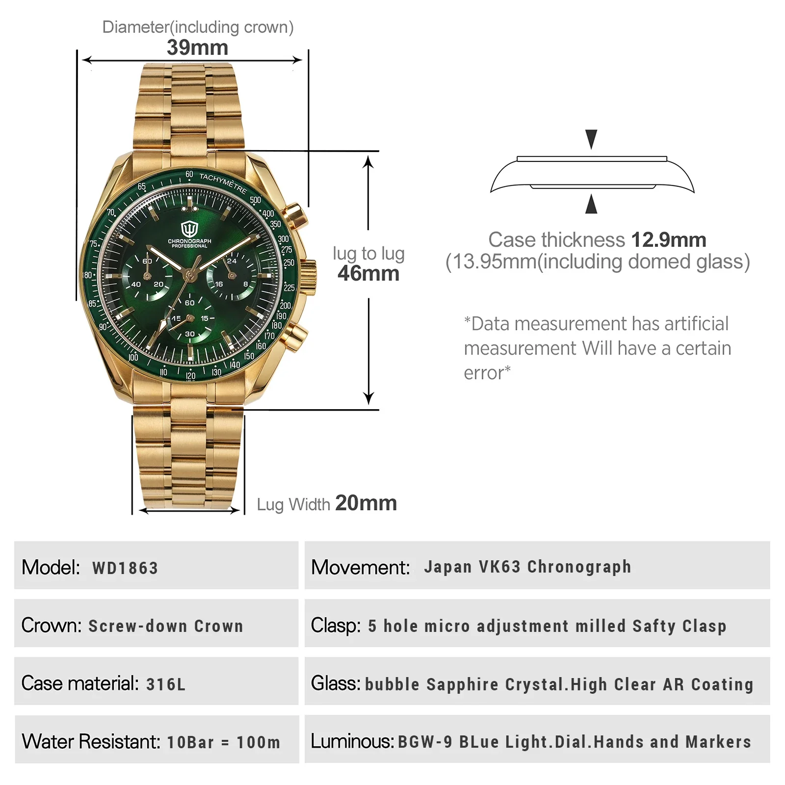 Watchdives WD1863 Quartz Watch VK63 Chronograph Movement Bubble