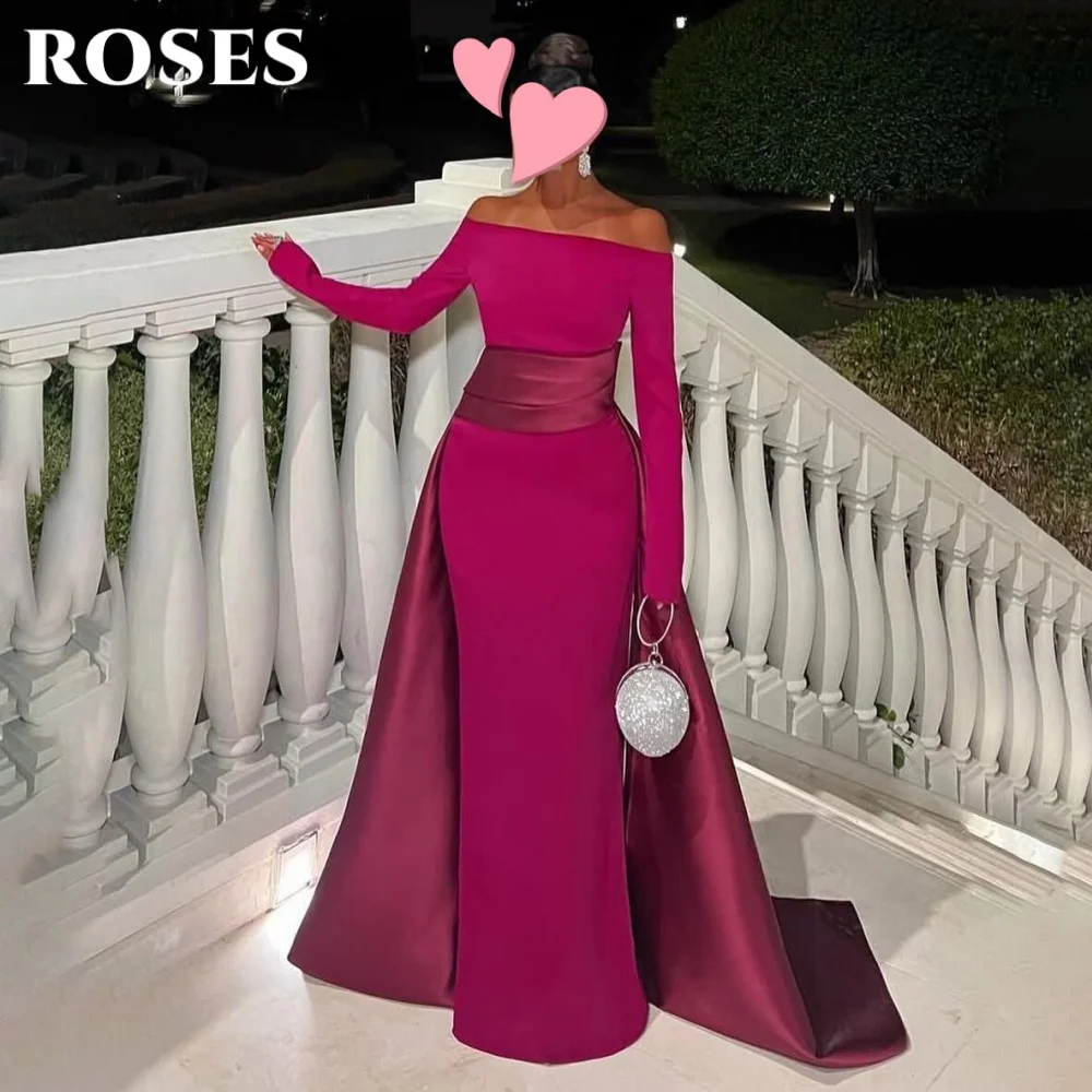 

ROSES Элегантное платье для выпускного вечера цвета фуксии Вечернее платье с длинными рукавами и складками трапециевидной формы с открытыми плечами Вечернее платье для женщин по индивидуальному заказу