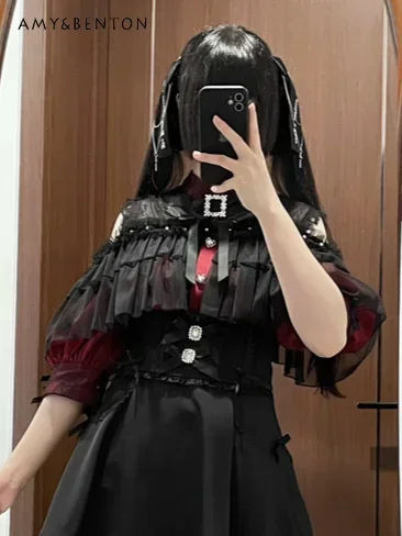 

Japanese Mine Series Mass-produced Off Shoulder Cape Short-sleeved Blouse Cute Sweet Princess Shirt Women Kawaii Lolita Shirts