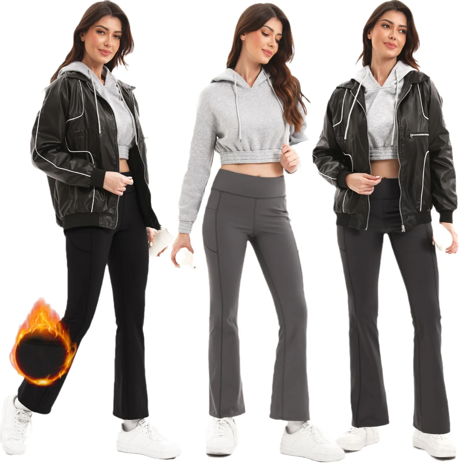 Women's Fleece Lined Flared Yoga Pants, High Waisted Tummy Control Butt Lifting with Side Pockets for Workout Running & Winter