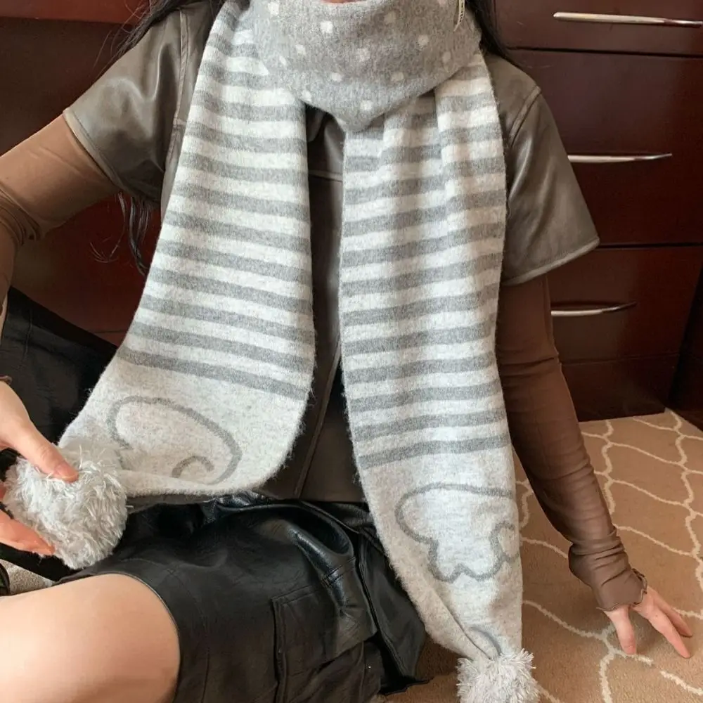 ผ้าพันคอไหมพรมลายทางแฟชั่นฤดูใบไม้ร่วงฤดูหนาว สไตล์เกาหลี Y2K ผ้าพันคอผู้หญิงลายจุด อุ่นคอ ของขวัญ