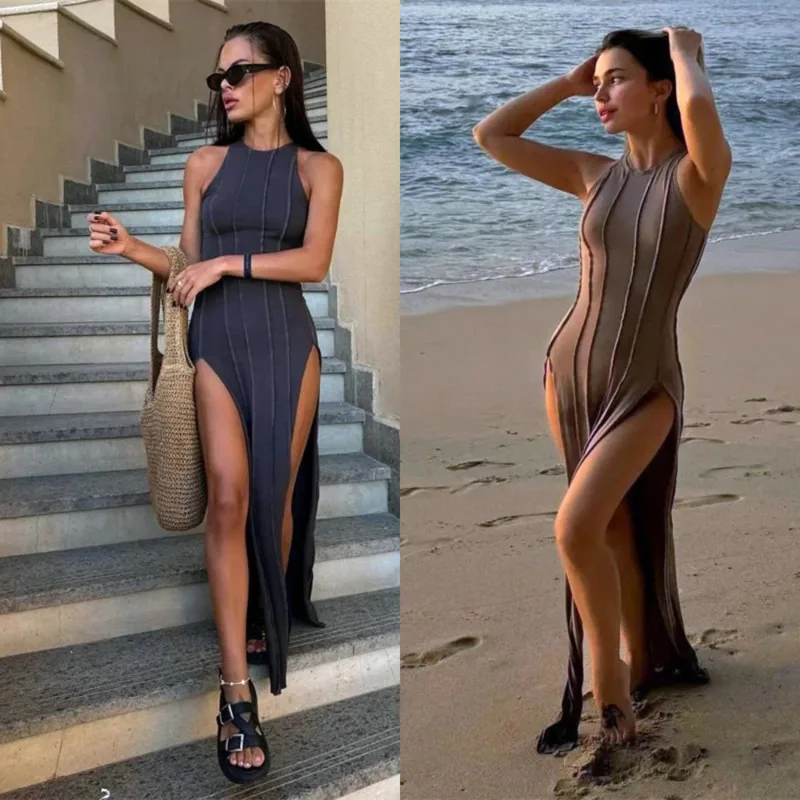 Abito senza maniche con cut-out post-apocalizzico Abito gotico slim-fit con doppia fessura e cucitura a coda di pesce Nuovo abito di dichiarazione alla moda per le donne