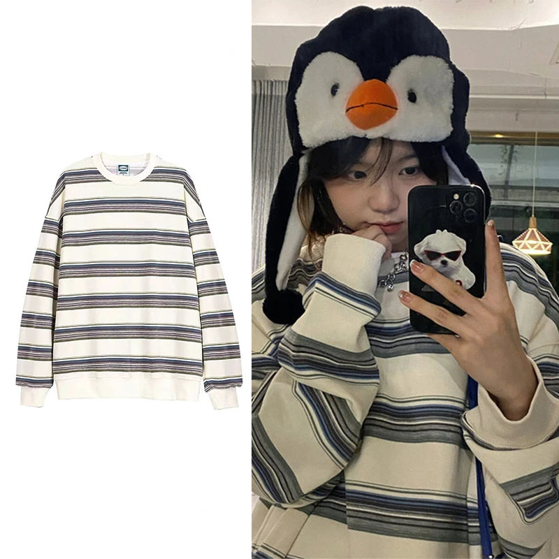 

Retro Contrast Stripe Sweatshirts for Women 2023 New Fashion Long Sleeve Loose Couples Top Oversized O Neck Pullover Hoodies