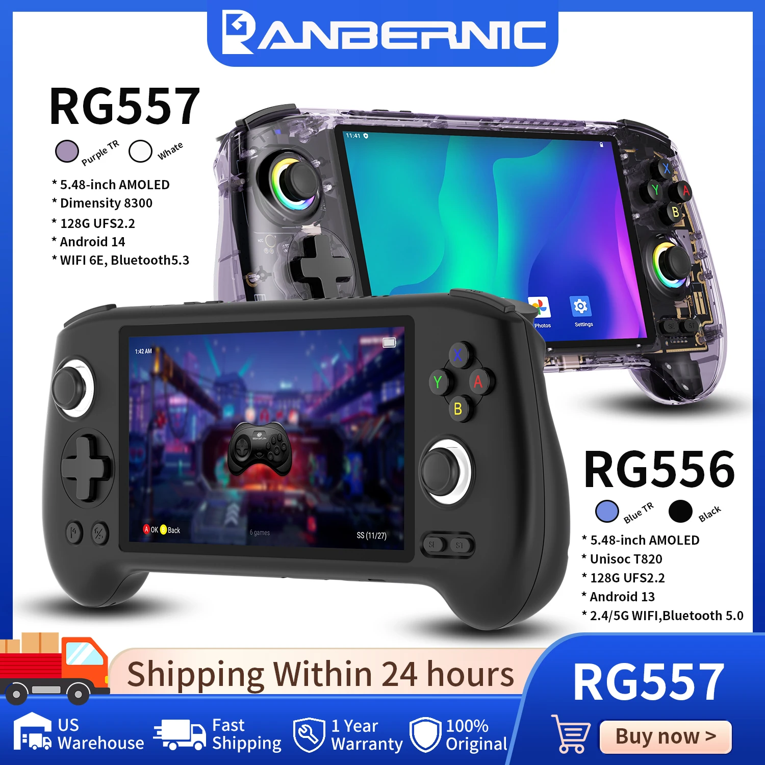 Anbernic RG557 / RG556 Retro Handheld Game Console 5.48-inch AMOLED Screen Android 5500mAh Hall Triggers Video Game Player Supports 1080p Display Port Output WiFi Bluetooth Streaming