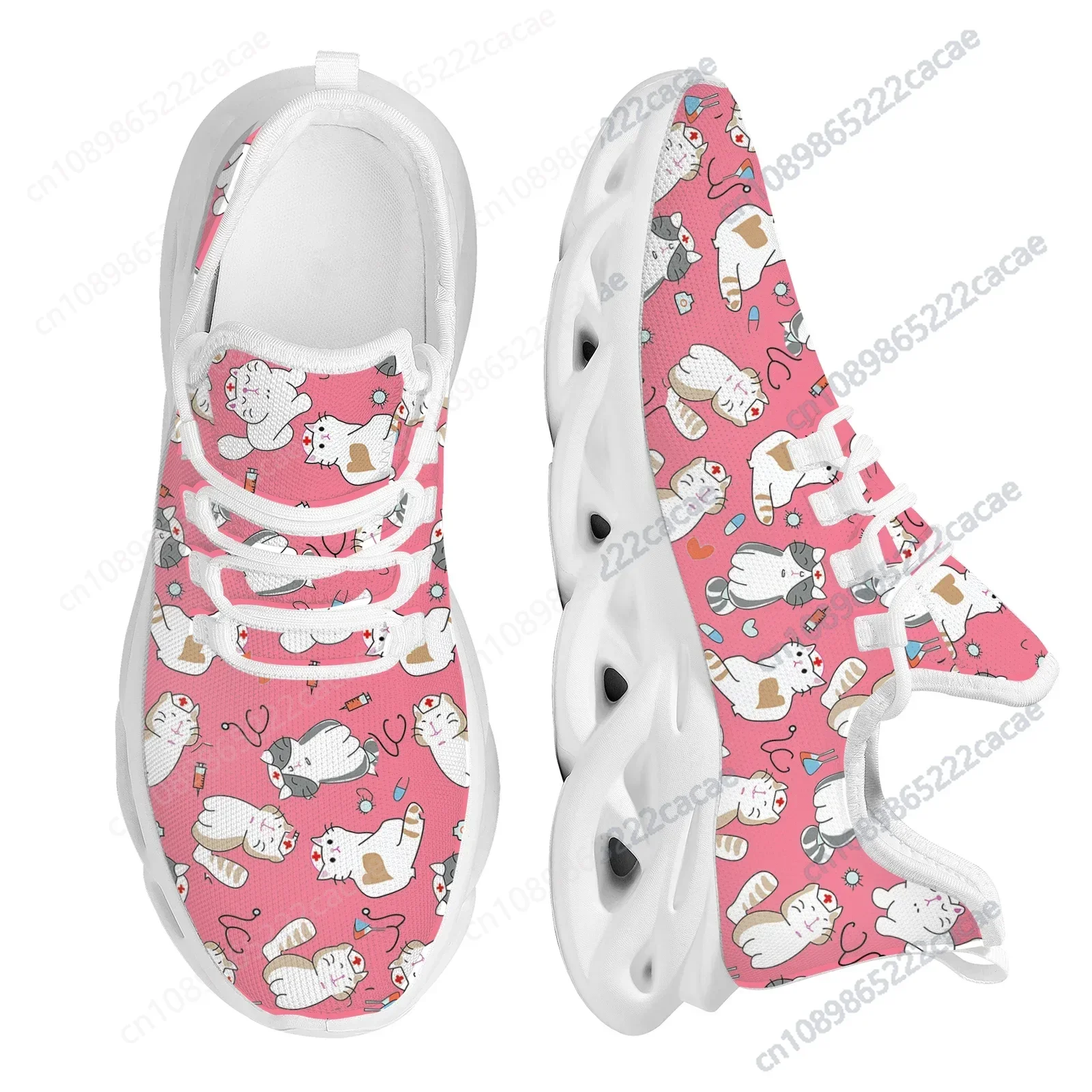 

Nurse Cat Lady Shoes Cartoon Cat Print Thick Sole Blade Shoes Comfortable Lace Up Knitted Sneakers Pet Medical Shoes