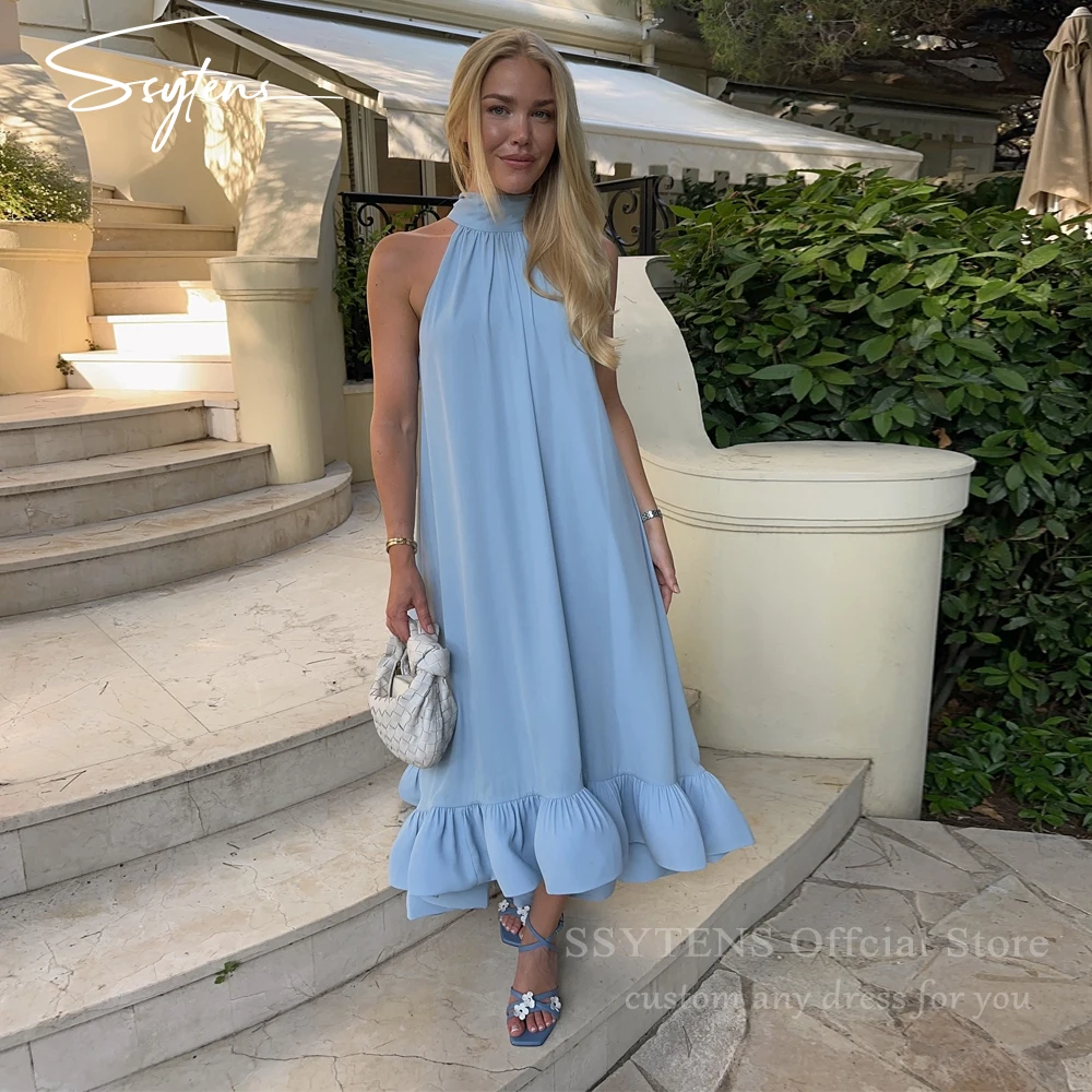 

SSYTENS Elegant Sky Blue Prom Dresses Halter Ribbon Ruffle Beach Formal Dresses Sleeveless Guest Wedding Party Gowns Customized