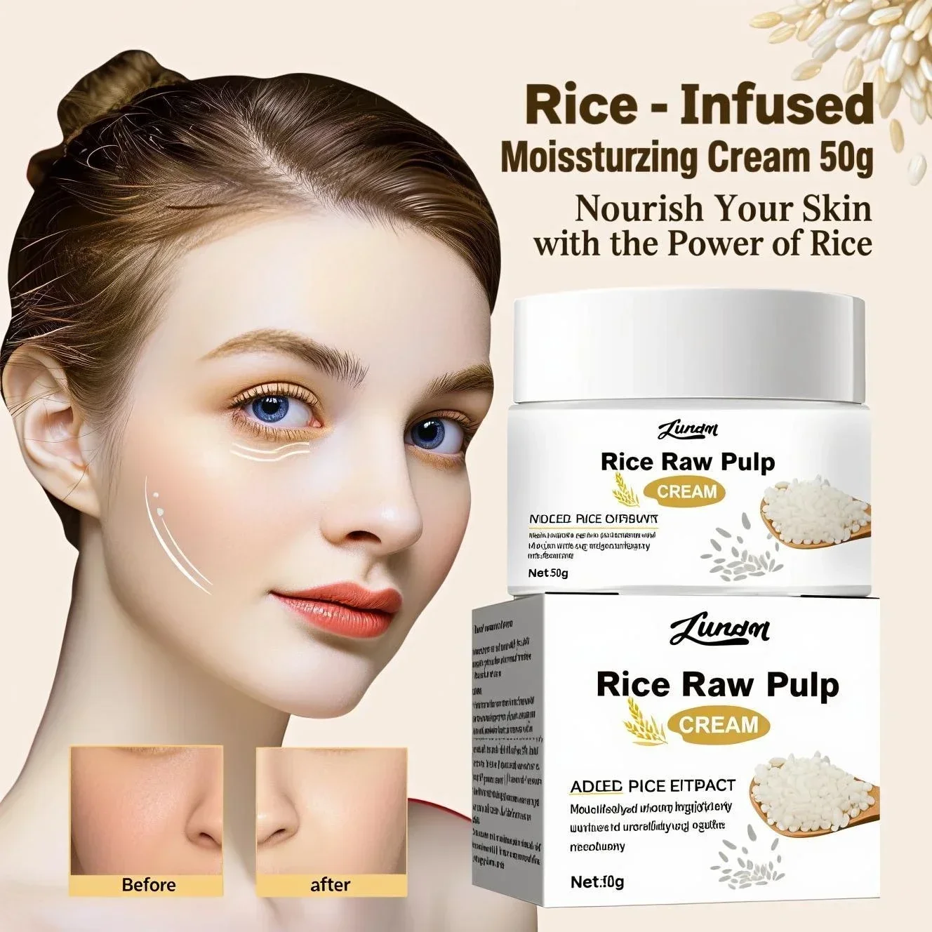 Crema Hidratante de Leche de Arroz Coreano 50g - Hidratante con Extracto de Arroz y Ácido Hialurónico para Hidratar la Piel y Apoye el Tono Uniforme.