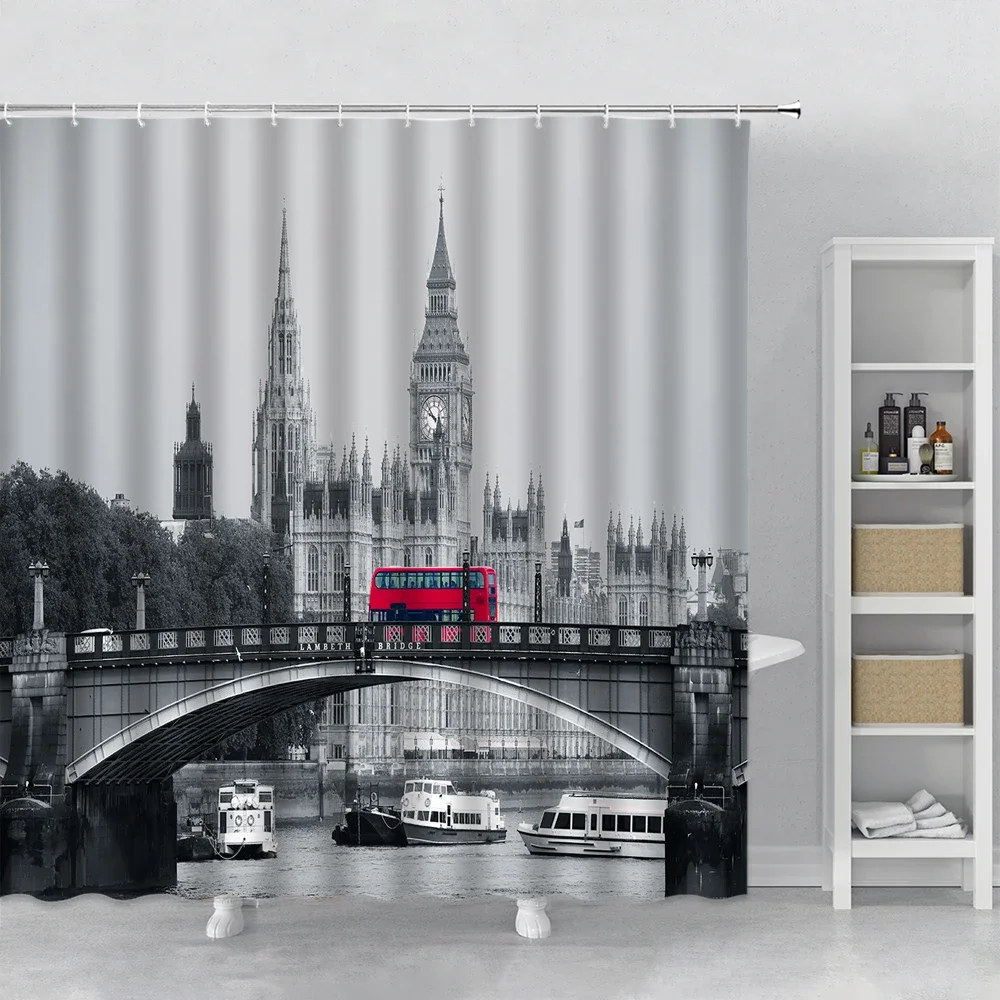 Red Bus Shower Curtain London Vintage Street Scene Romantic City Retro European Classic Nostalgia Bathroom Decor Set With Hooks