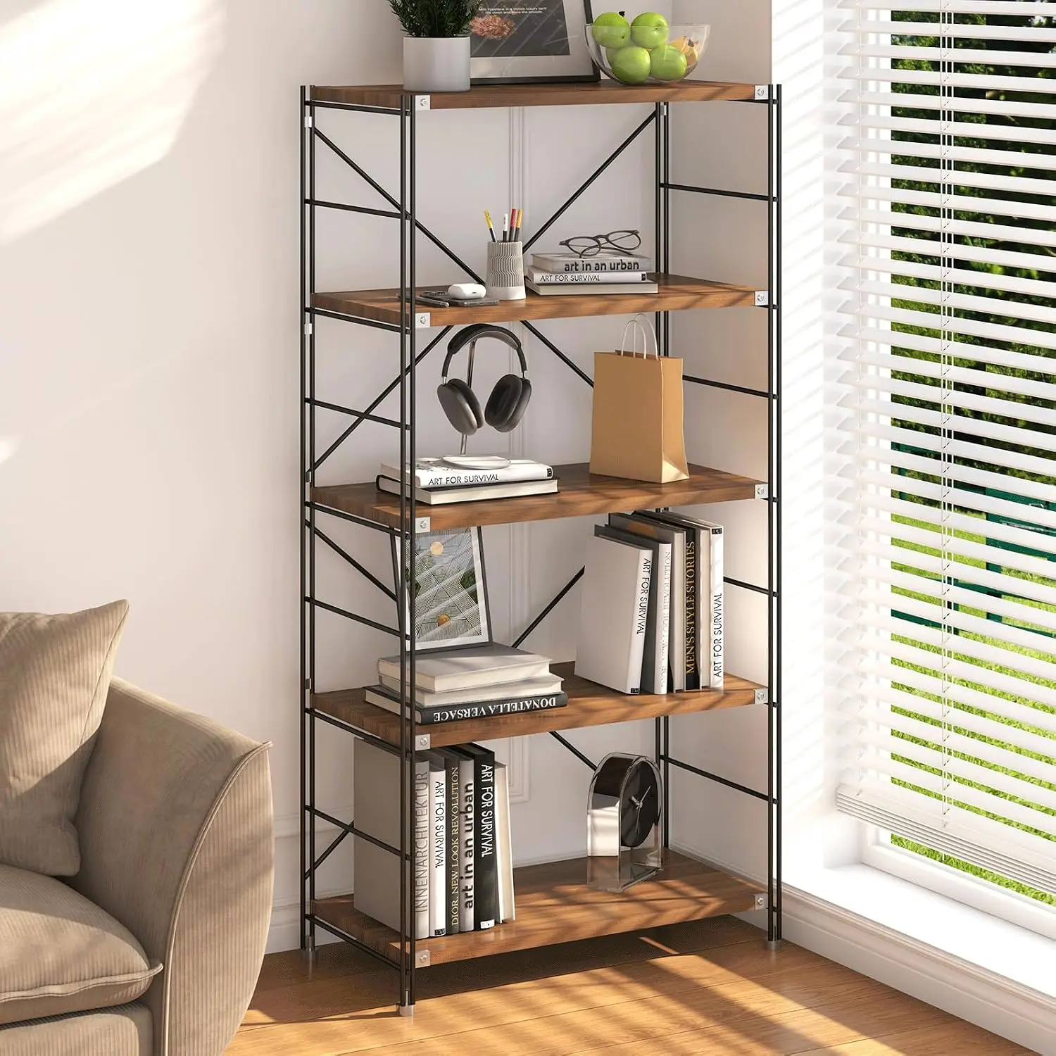 5 Tier Bookshelf 67In Tall 100 Lb Capacity Storage Display Shelf Office Home Library, Customized