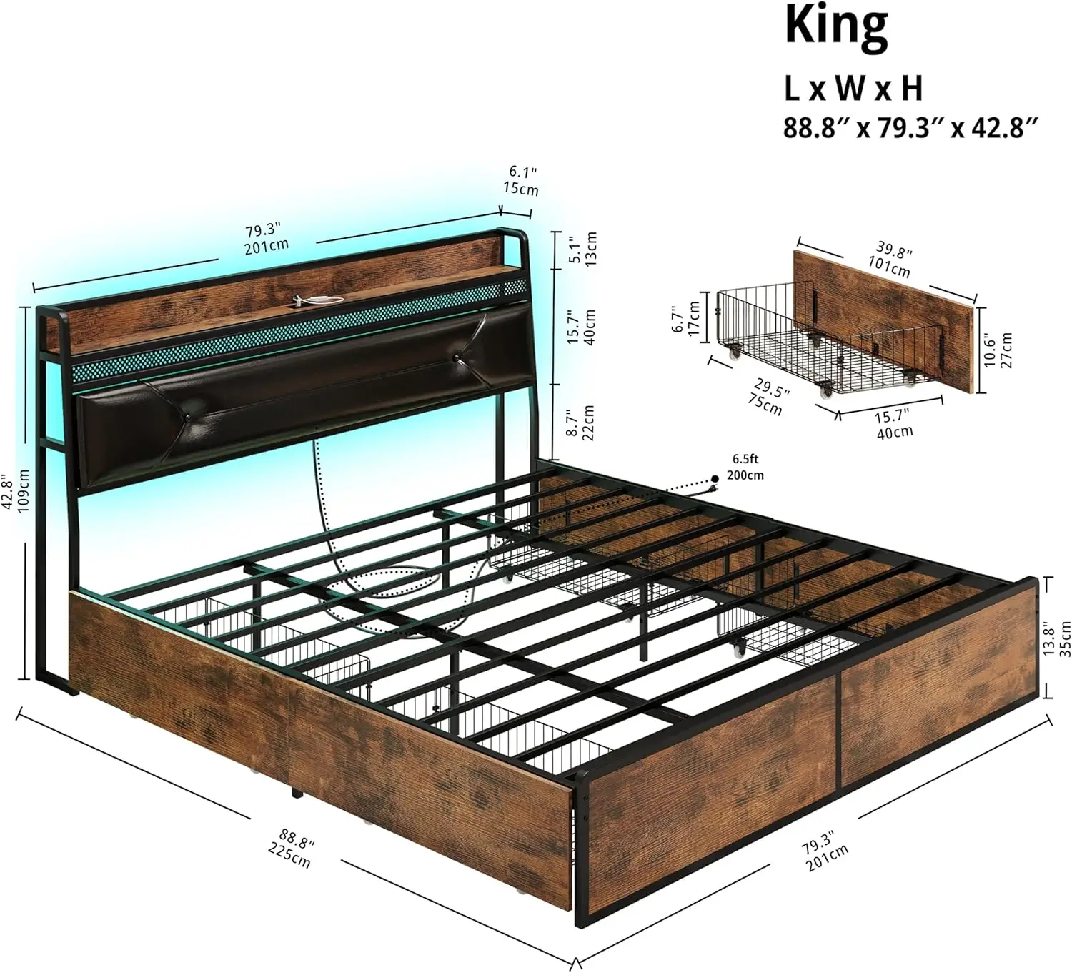 

IRONCK Bed Frame with 4 Drawers, Platform Bed with Ergonomic Headboard