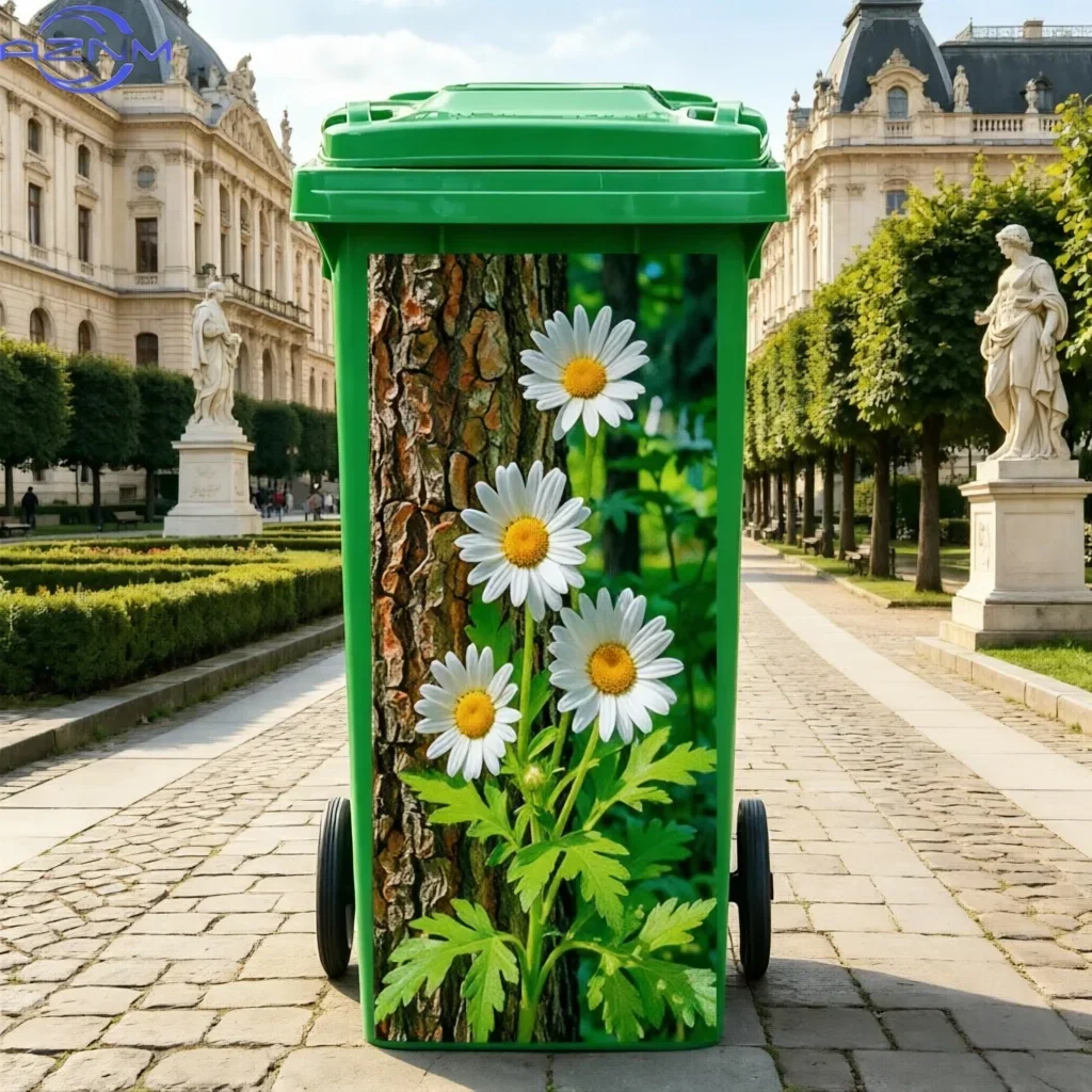 1Pc 2D Flat‑Printed Blooming Daisy Beside Tree Trash Can Sticker Suitable For Large Outdoor Sanitation Trash Cans
