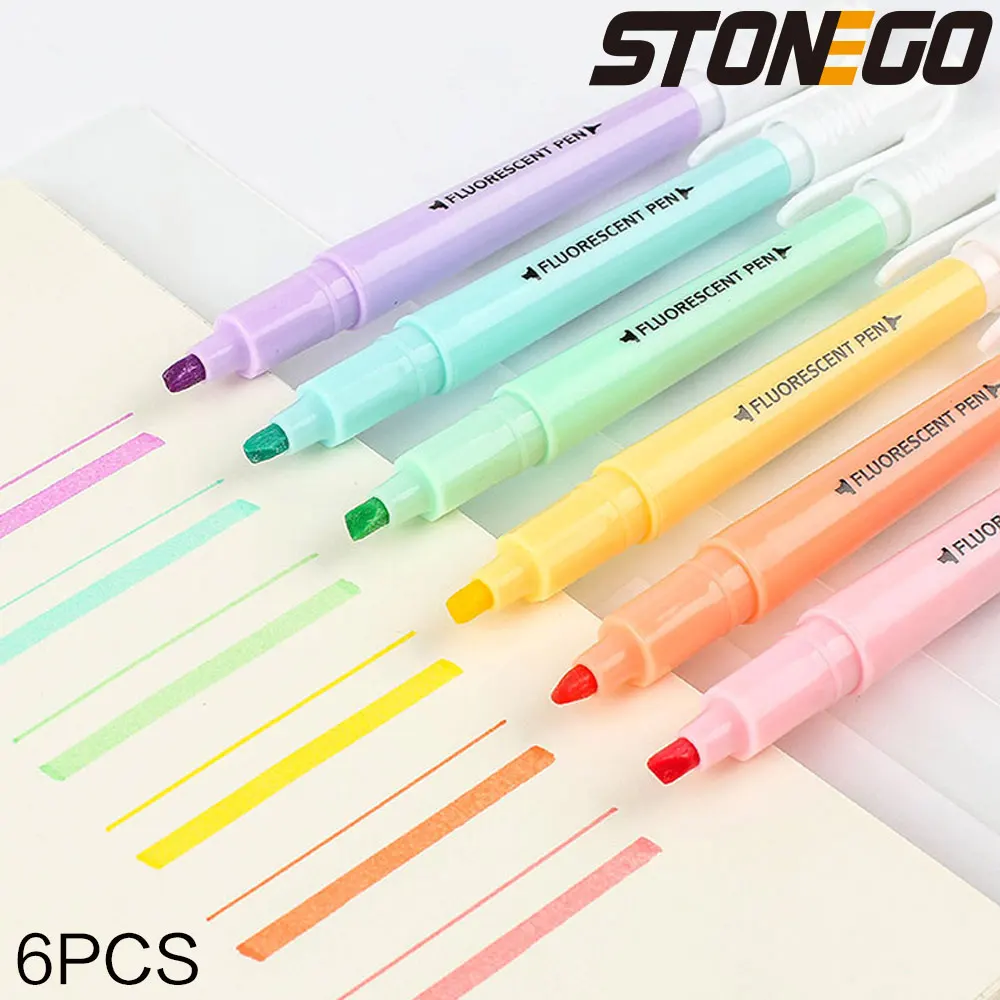 STONEGO 6PCS Dual Tip Highlighter Set Fluorescent Markers Flashing Pens Pen Pen Dual Tip Colorful Thick Scratch Accent Markers