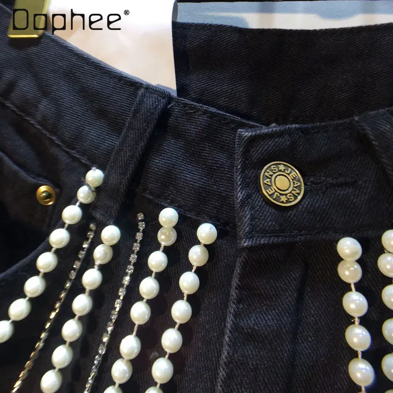 Summer New High-end Heavy Industry Beaded Pearl Chain Denim Shorts Fashion Personality High Waist Slim Ripped Jean Shorts Women