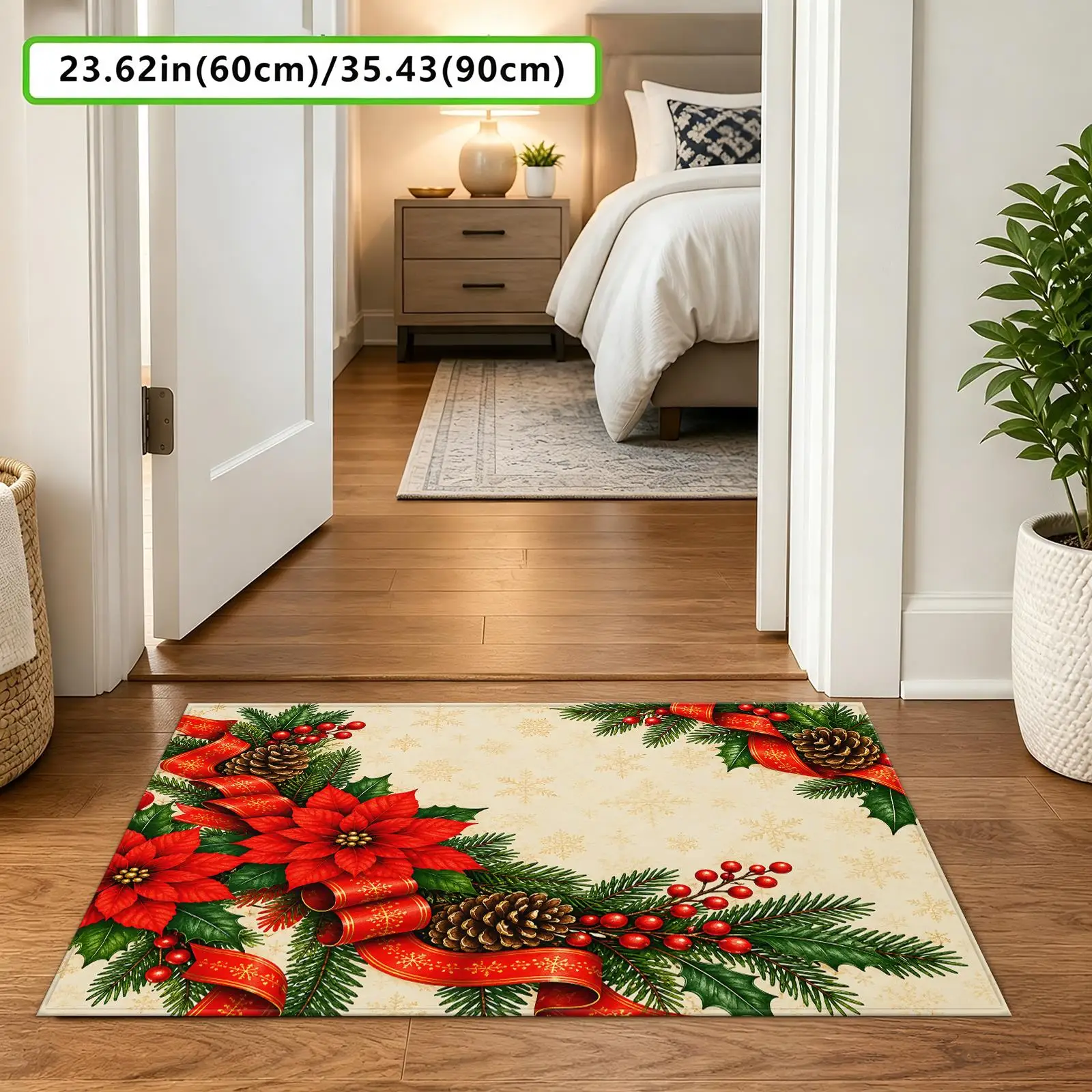 1pc 2D Flat Christmas Poinsettia Pine Cone Holly Berry Printed Floor Mat, Decorative Rug for Living Room, Bedroom, Home