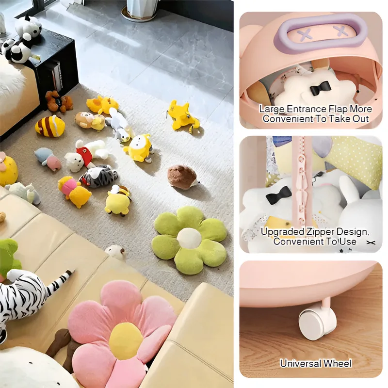 【Dustproof & Cute Cartoon】Large Plush Toy Storage Bucket - Doll Organizer Barrel for Kids Room, Foldable & Easy to Clean