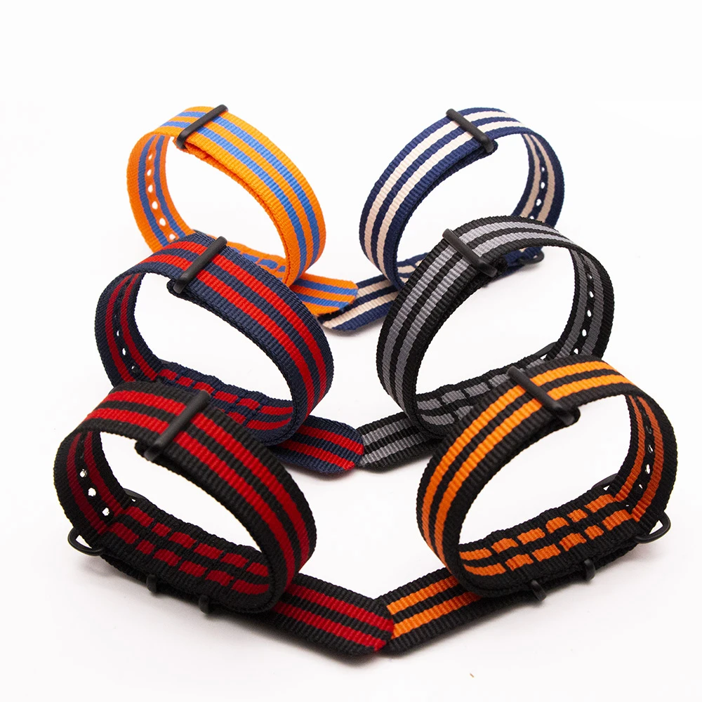 Fashion Men Watch Band Black Buckle Strap Nylon Stripes Durable Watch Bands Woven Straps Bracelet Watches Belt 18 20 22 24MM