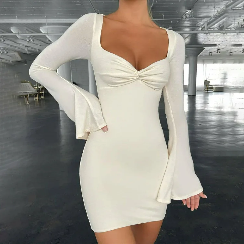 New Women Solid Color Low Neck Flare Sleeve Slim and Sexy Package Hip Dress Female Vestidos De Mujer