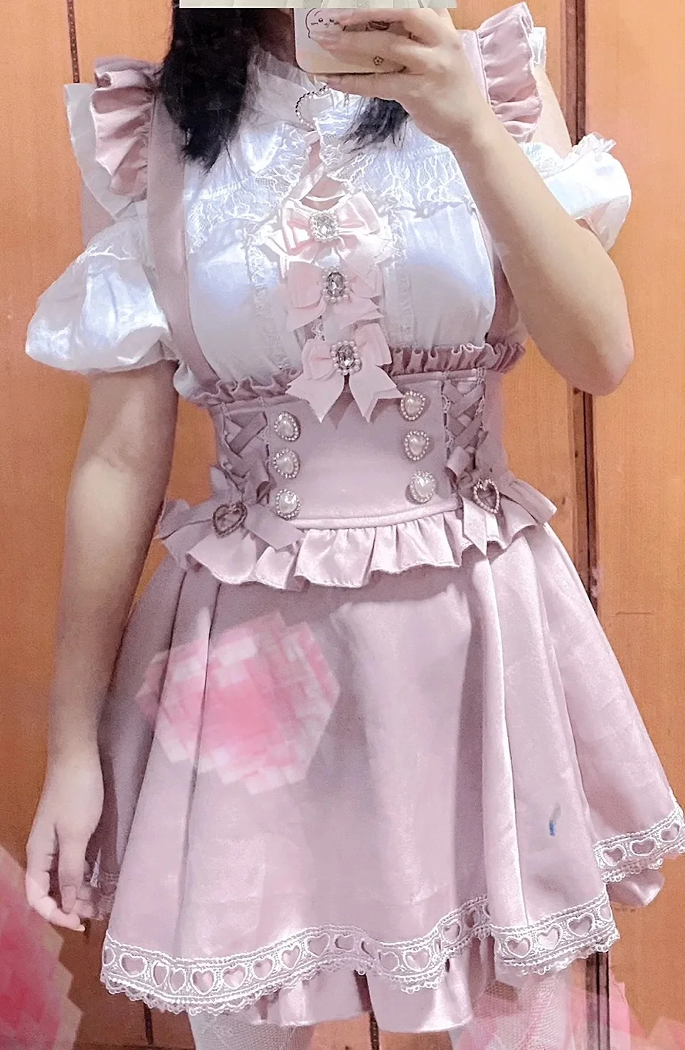 

SOIOMES Japanese Pink Kawaii Lolita Suspender Skirts Women Sweet Cute Party Mini Skirt Female Bow College Korean Fairy Skirt