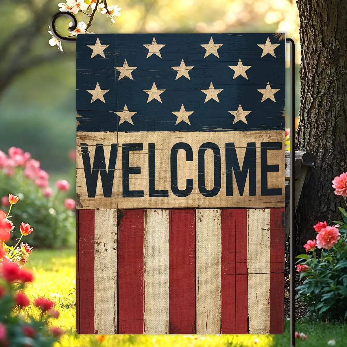 Patriotic Welcome Garden Flag Double Sided Retro American Stars and Stripes Yard Flag Outdoor Decorations for 4th of July In yyi