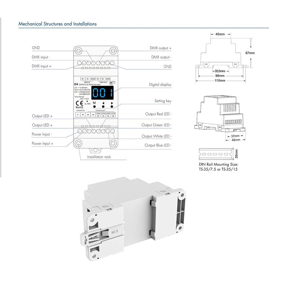Skydance D4 4CH Tegangan Konstan DC12V-48V 20,5A 4CH RDM DMX512 Dekoder Sinyal Dimmer untuk Tunggal/Ganda Warna RGB RGBW Strip LED
