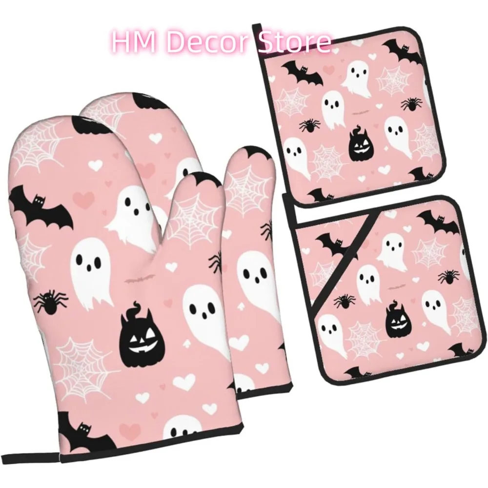Pink Ghosts Pumpkins Oven Mitts and Pot Holders Sets of 4, Cute Heat Resistant Oven Mitts - Non-Slip Cooking Gloves for Kitchen