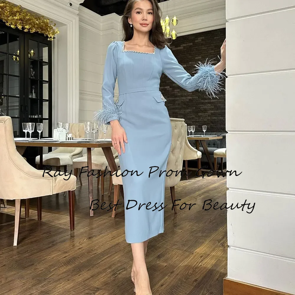 

Ray Fashion Mermaid Evening Dress Square Neck With Long Sleeves Crystal Tea Length For Formal Occasion فساتين سهرة Saudi Arabia